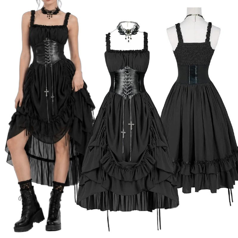 Vintage Fashion Dresses - Kadın Gotik Elbise Korse Kayma Siyah